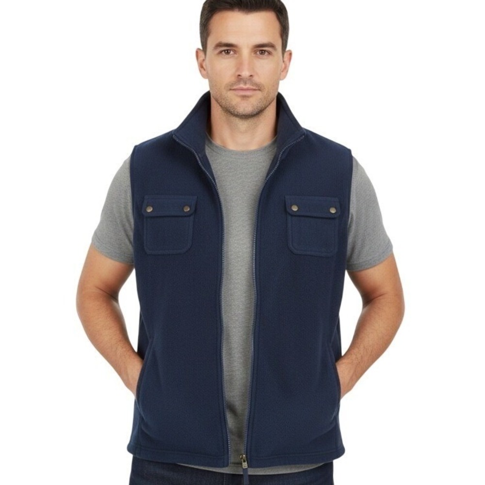 Chaps Fleece Vest Mens 2XL Blue Full Zip Mock Neck Pockets Outdoor Casual Warm